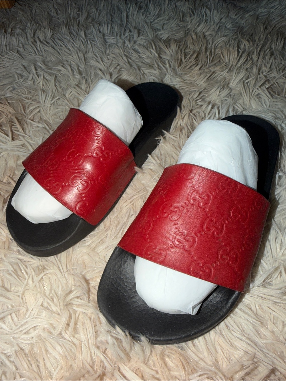 Gucci Red GG Embossed Rubber Slide Sandals